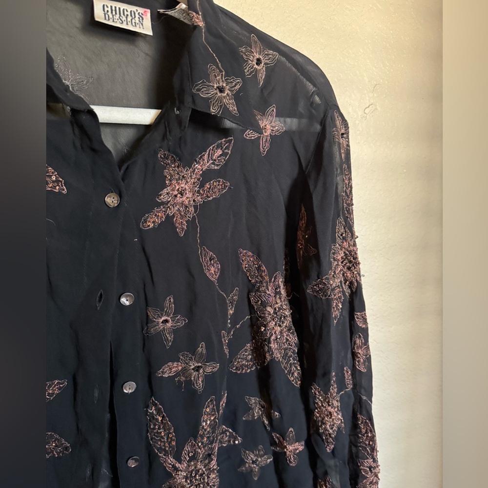 Vintage‎ Chicos Floral Metallic Embroidered Sheer Button Down Shirt Long Sleeve - Picture 2 of 5